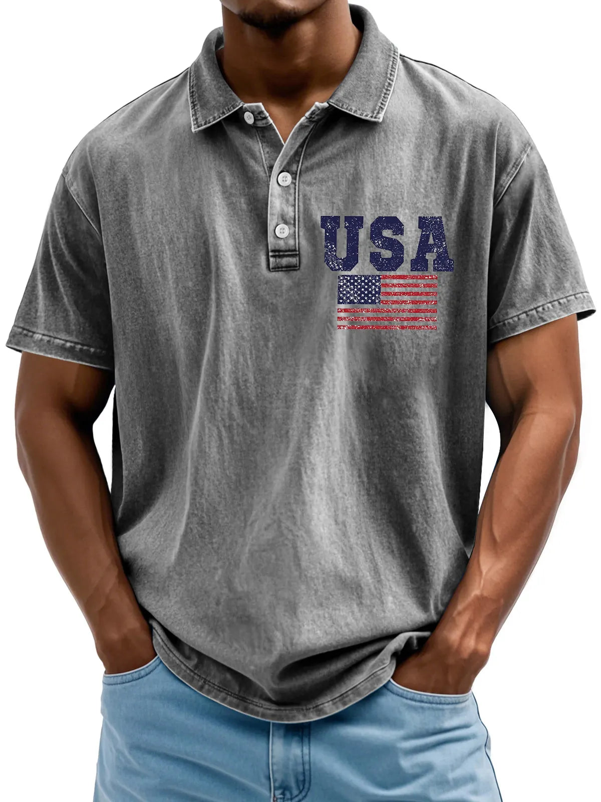 Men's Vintage American Independence Day Flag Print Lapel Short Sleeve Polo Shirt