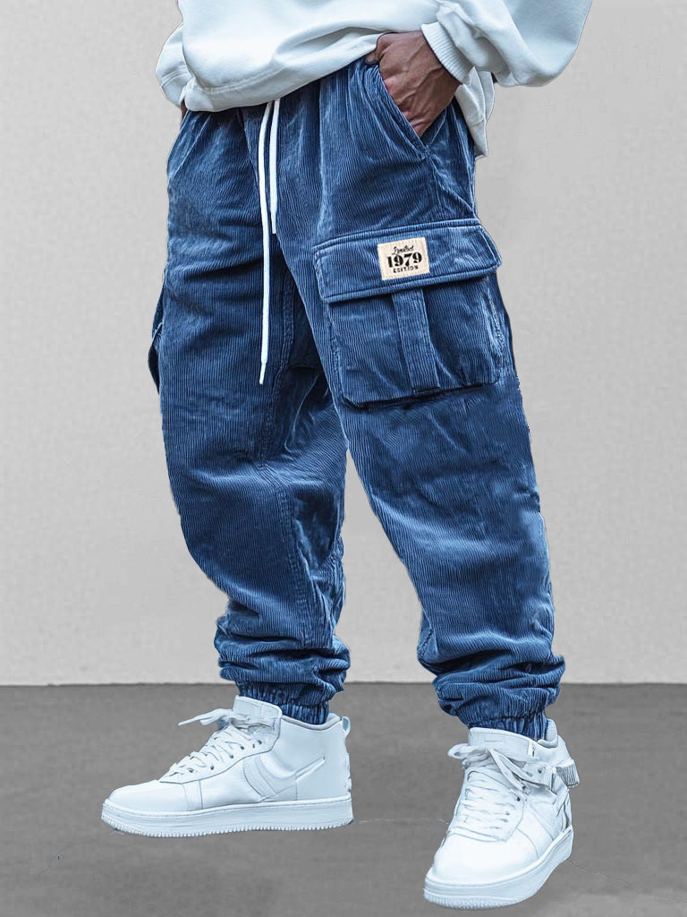 Men's Fashion Retro Workwear Pocket Elastic Drawstring Trousers