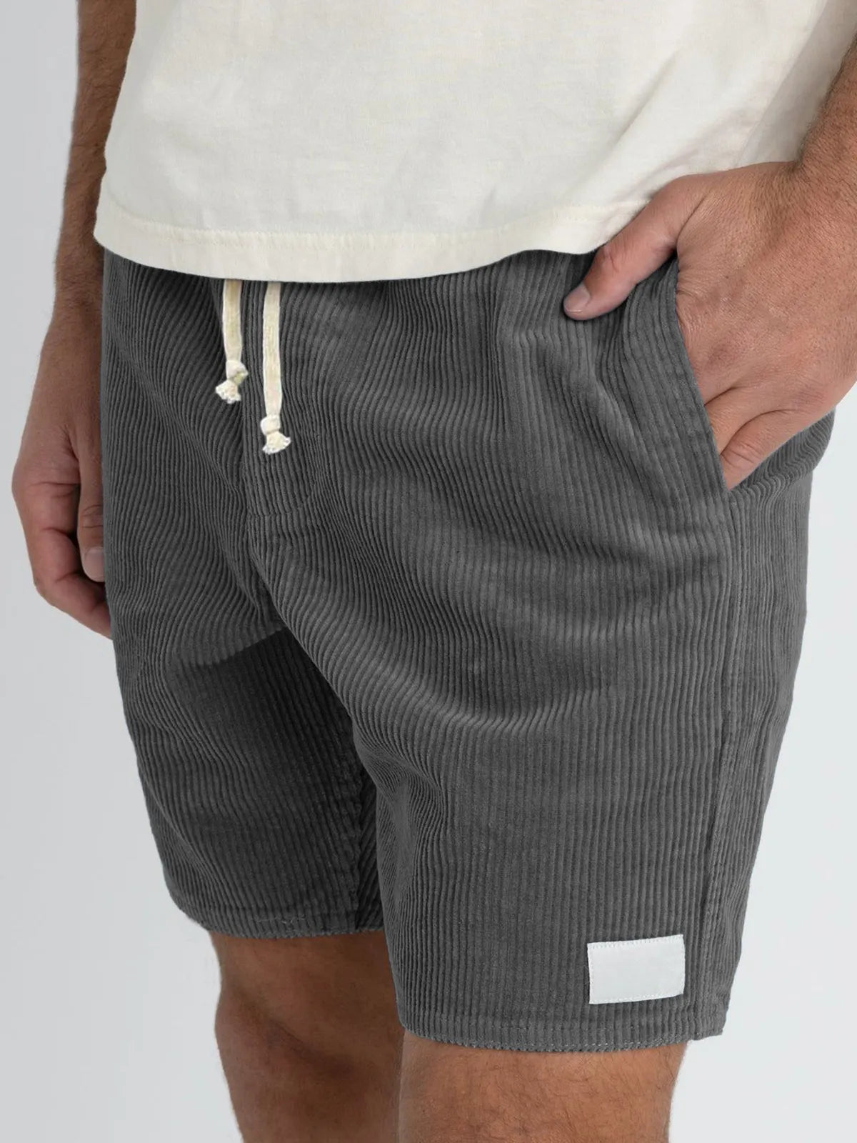 Men's Stylish Corduroy Basics Embroidered Logo Comfortable Everyday Lace-Up Shorts with Side Pockets