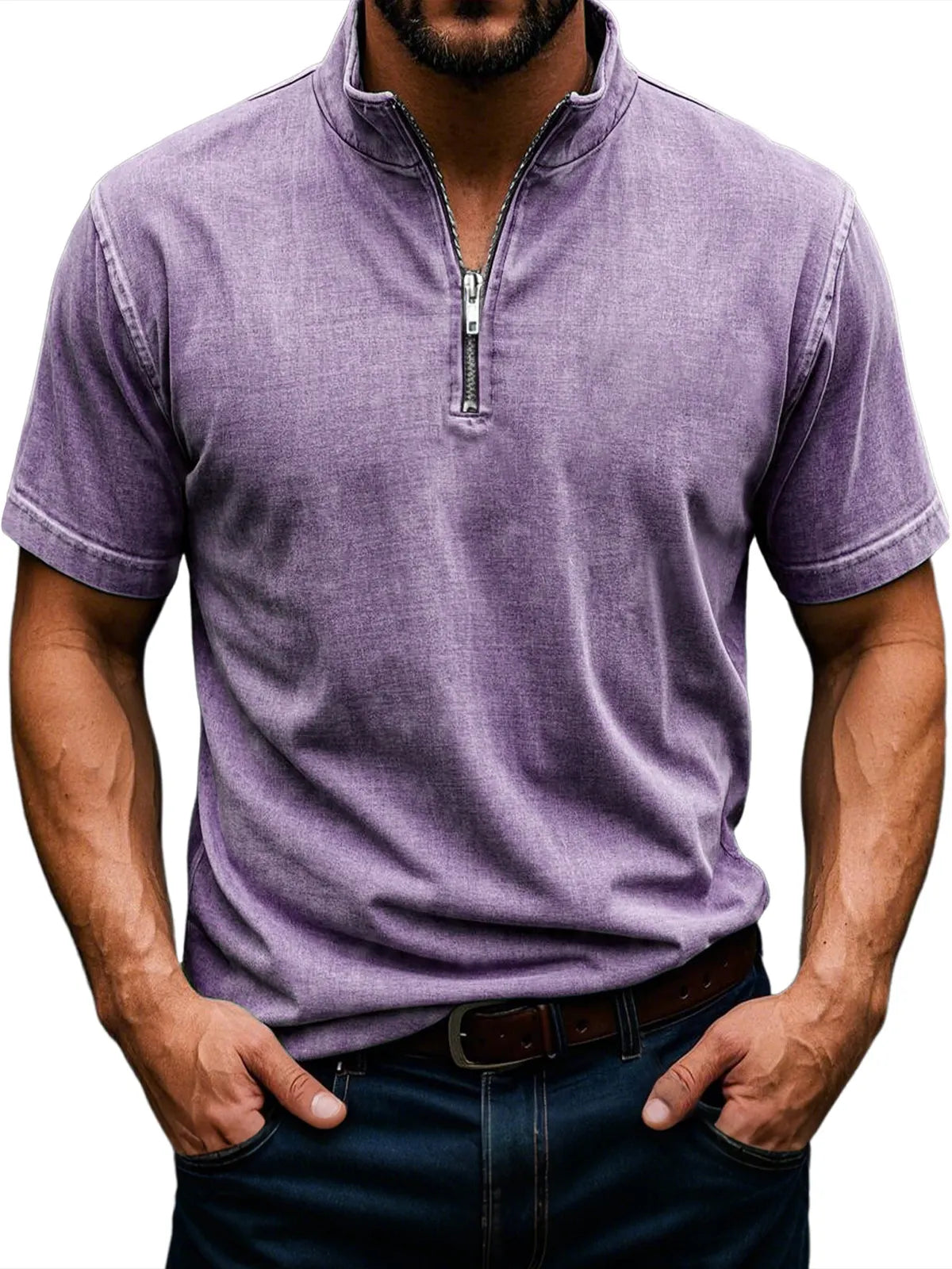 Men's Retro Stand Collar Zipper Casual Solid Color Short Sleeve T-Shirt
