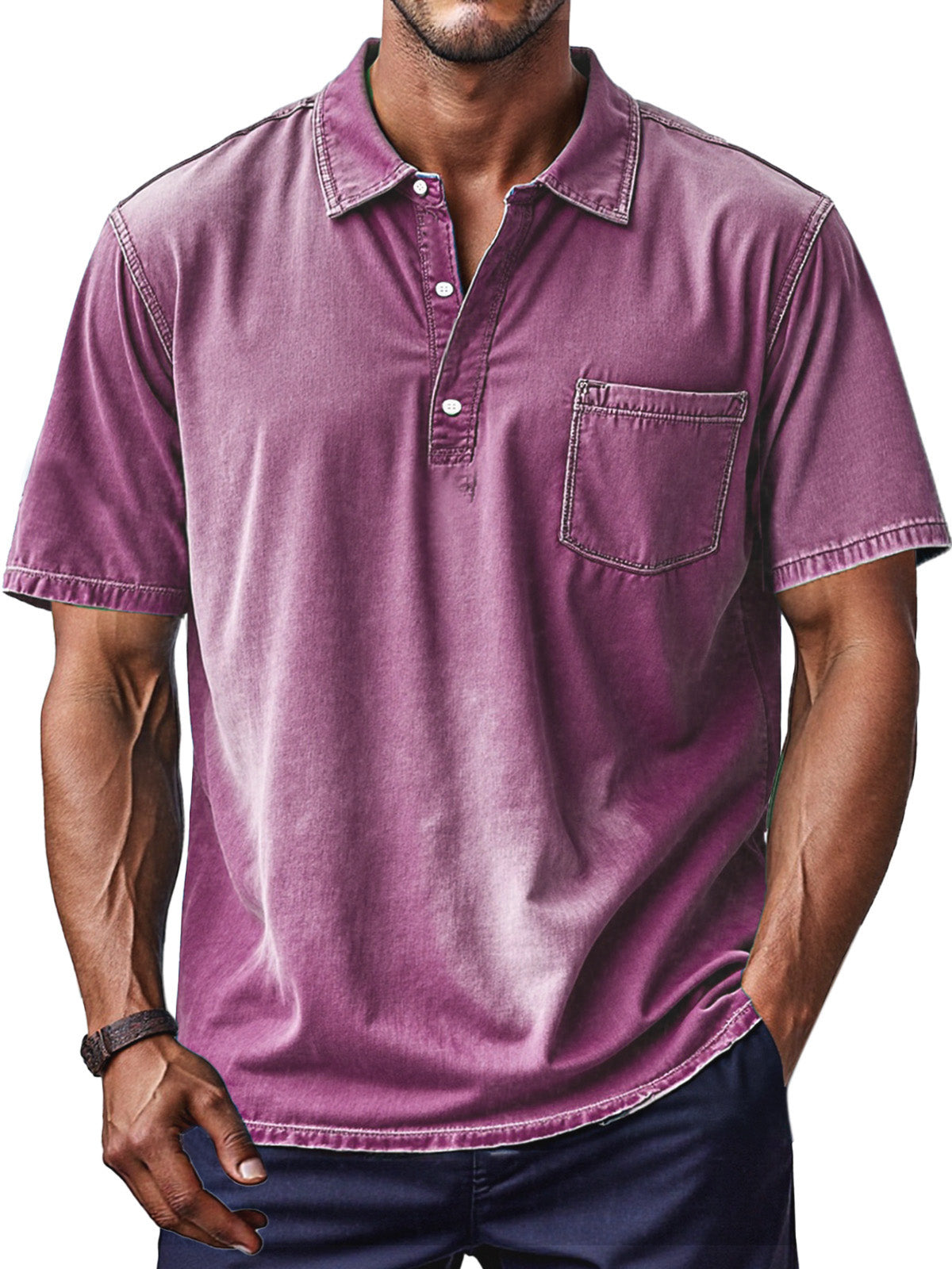 Men's Retro Solid Color Comfortable And Breathable Lapel Button-up Polo Shirt