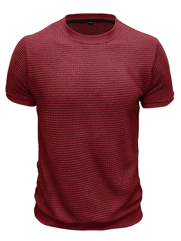 Men's Knitted Waffle Quality Casual Round Neck Short-sleeved T-shirt