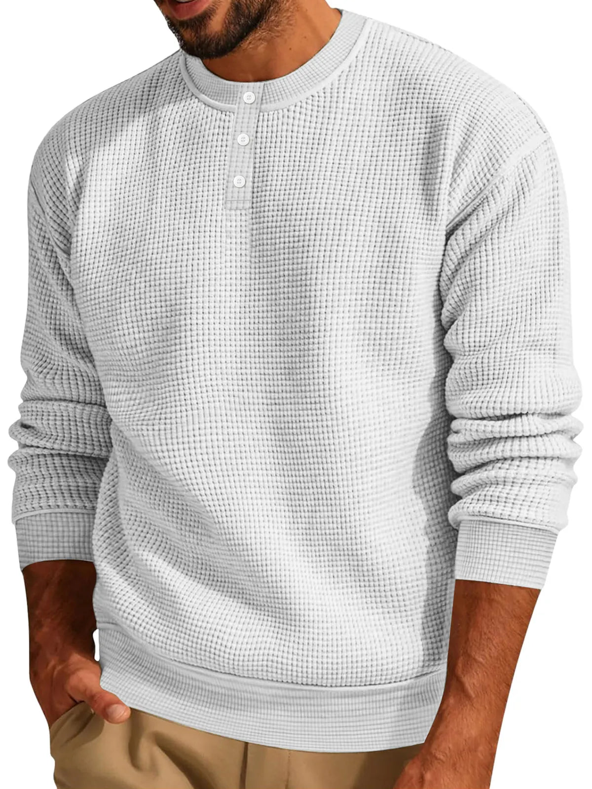 Men's Casual Waffle Solid Button Up Long Sleeve Henley