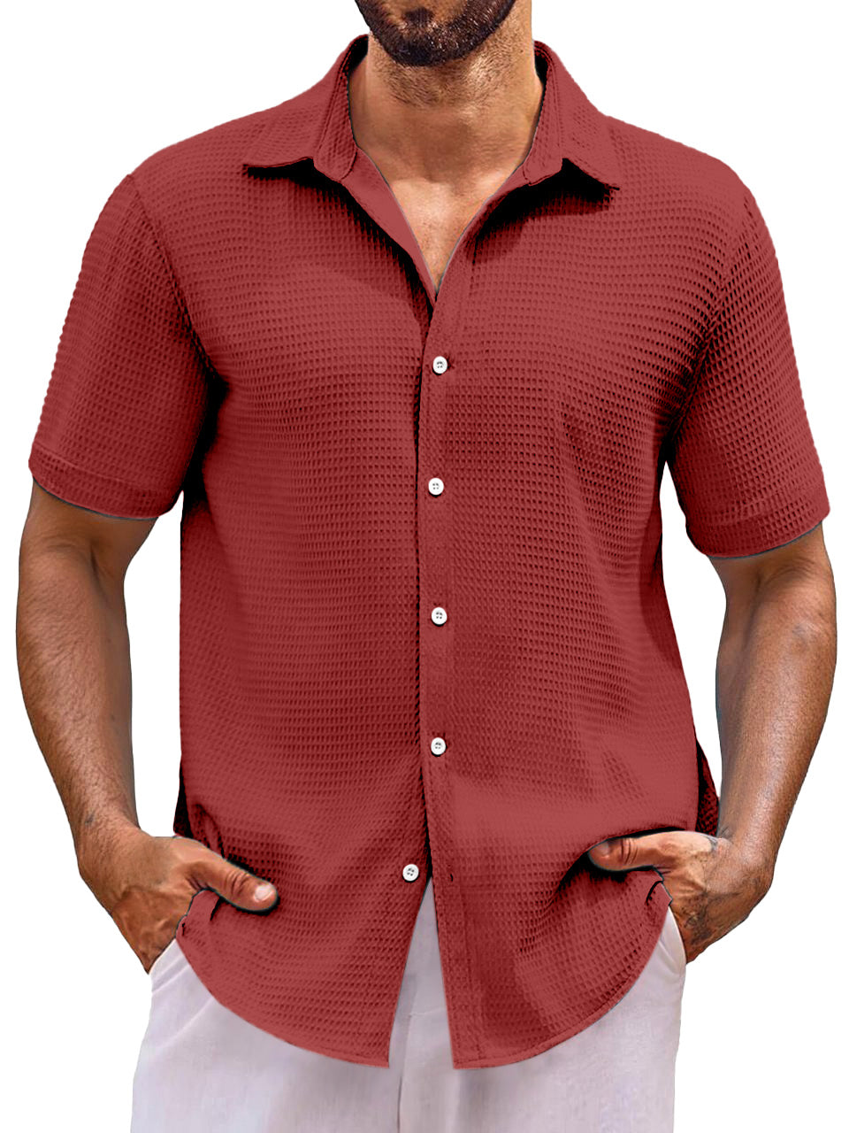 Men's Everyday Loose Solid Color Waffle Short Sleeve Shirt