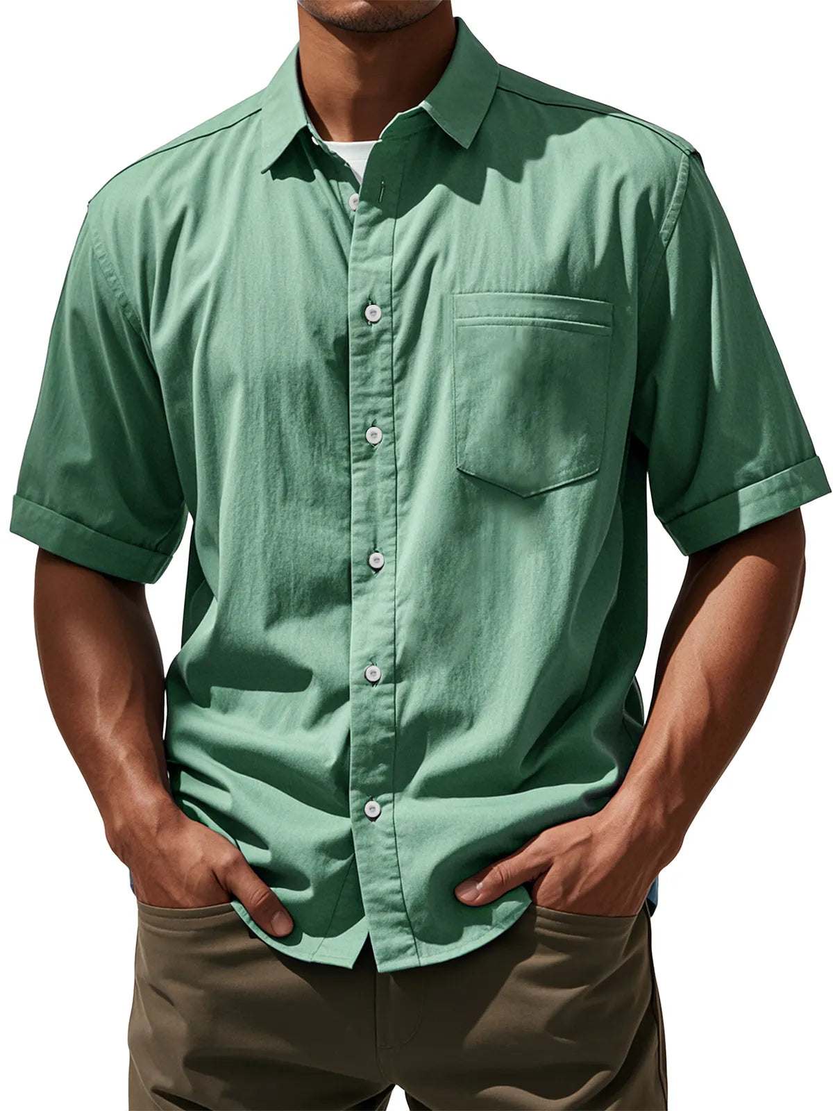 Men's Daily Casual Pocket Solid Color Comfortable Short Sleeve Shirt