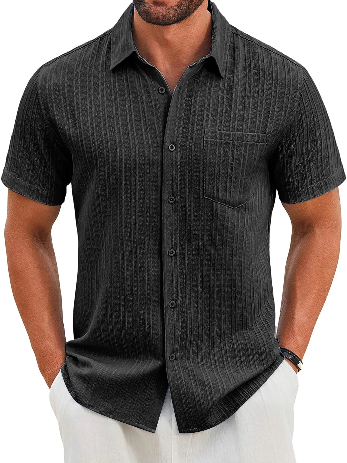 Men's Casual Vertical Striped Textured Lapel Solid Color Short-sleeved Shirt