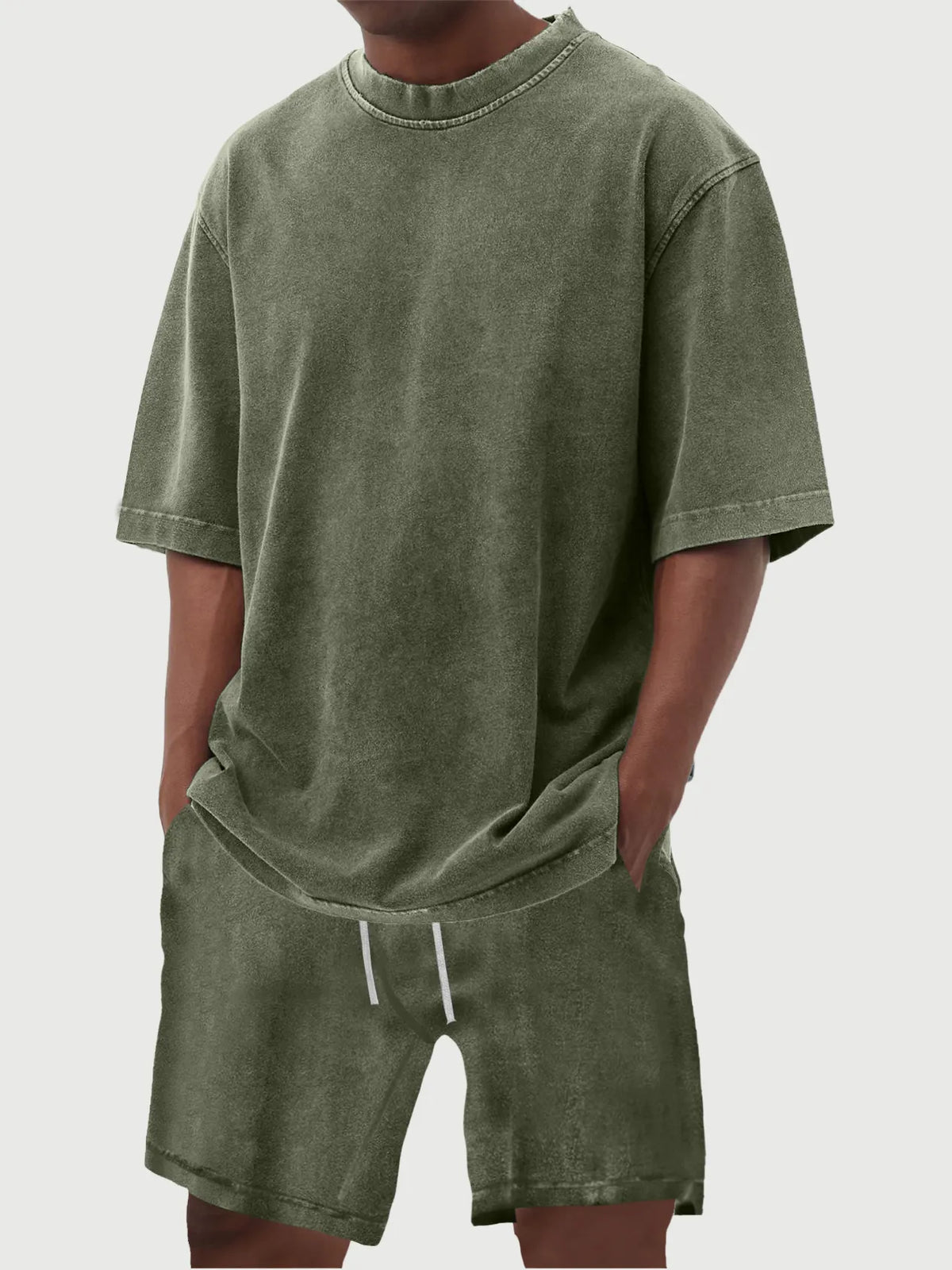 Men's 100% Cotton Vintage Distressed Washed Short Sleeved T-shirt Shorts Set