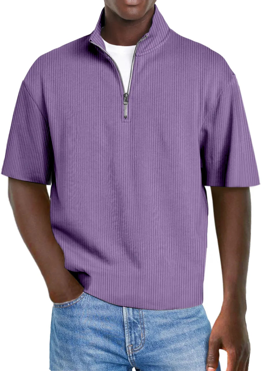 Men's Casual Solid Color Pit Collar Stand Collar Zipper Short Sleeve Polo Shirt