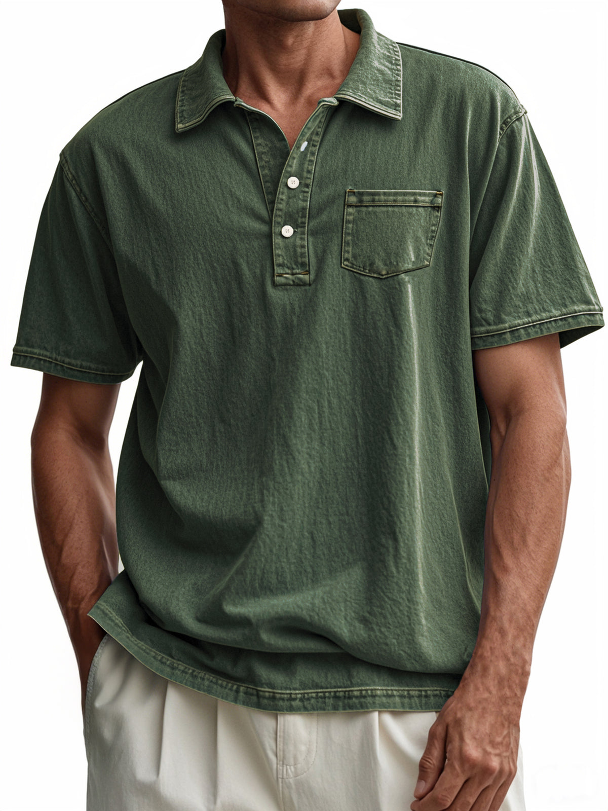 Men's Vintage Distressed Button-Down Short Sleeve POLO Shirt With Chest Pocket