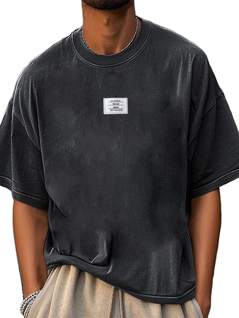 Men's Fashion Pure Cotton Washed Distressed Retro Simple Casual Short-sleeved T-shirt