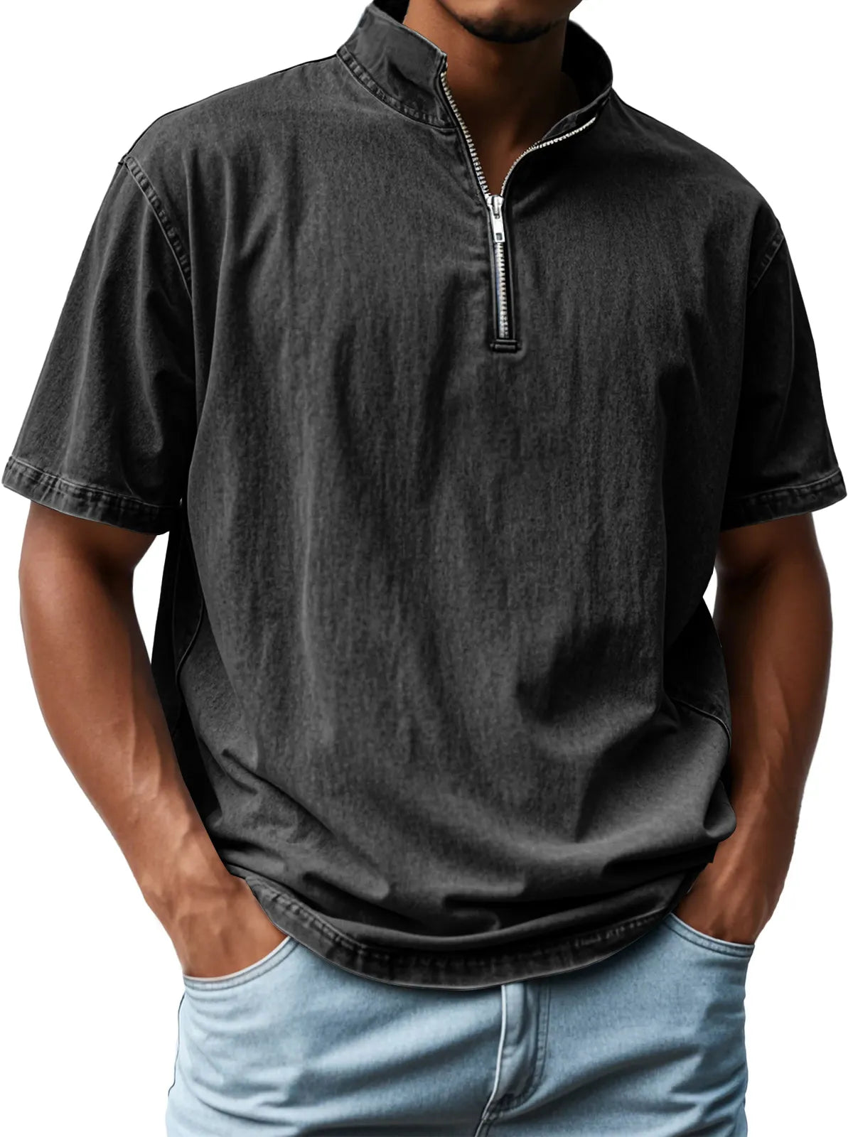Men's Retro Stand Collar Zipper Casual Short Sleeve T-Shirt