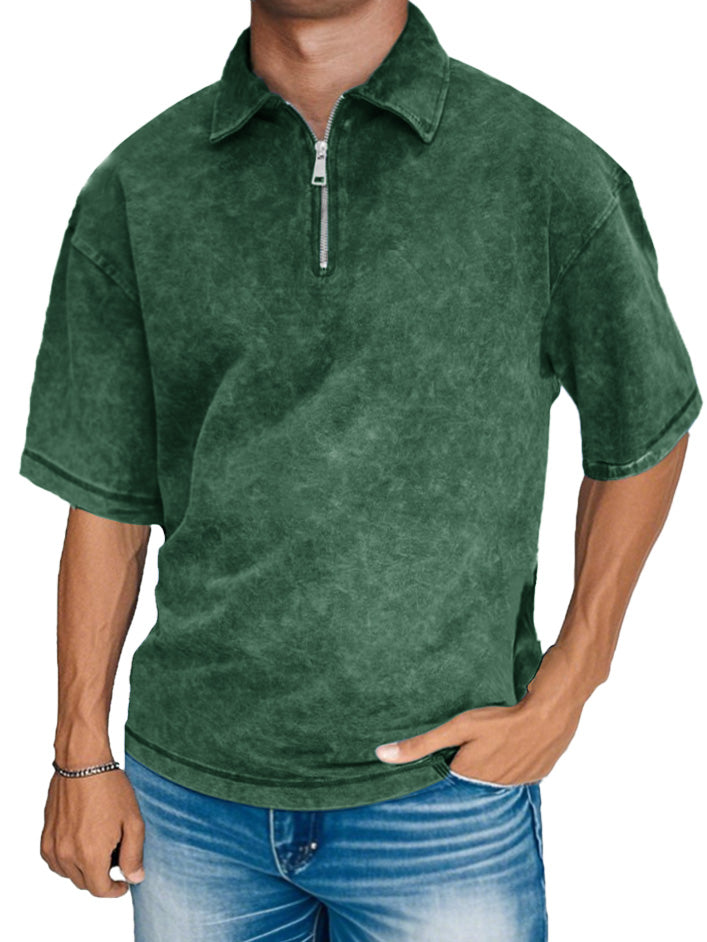 Men's Fashion Retro Distressed Short Sleeve Lapel Zipper Polo Shirt