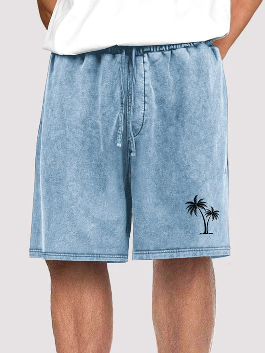 Men's Vintage Distressed Coconut Tree Print Holiday Casual Elastic Waist Shorts With Side Pockets