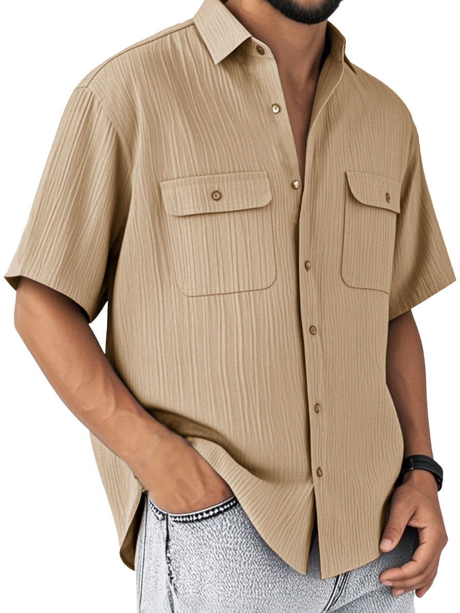 Men's Fashion Retro Double Pocket Lapel Short Sleeve Shirt