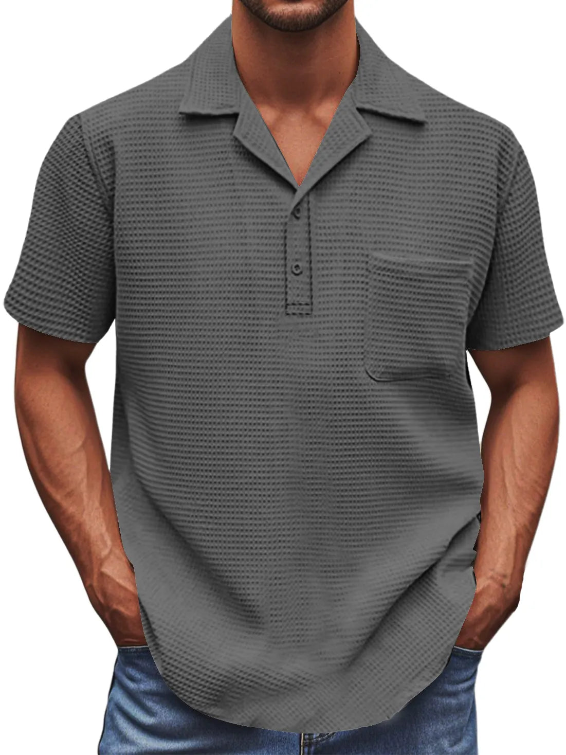 Men's Waffle Fabric Basic Pocket Short-sleeved Polo