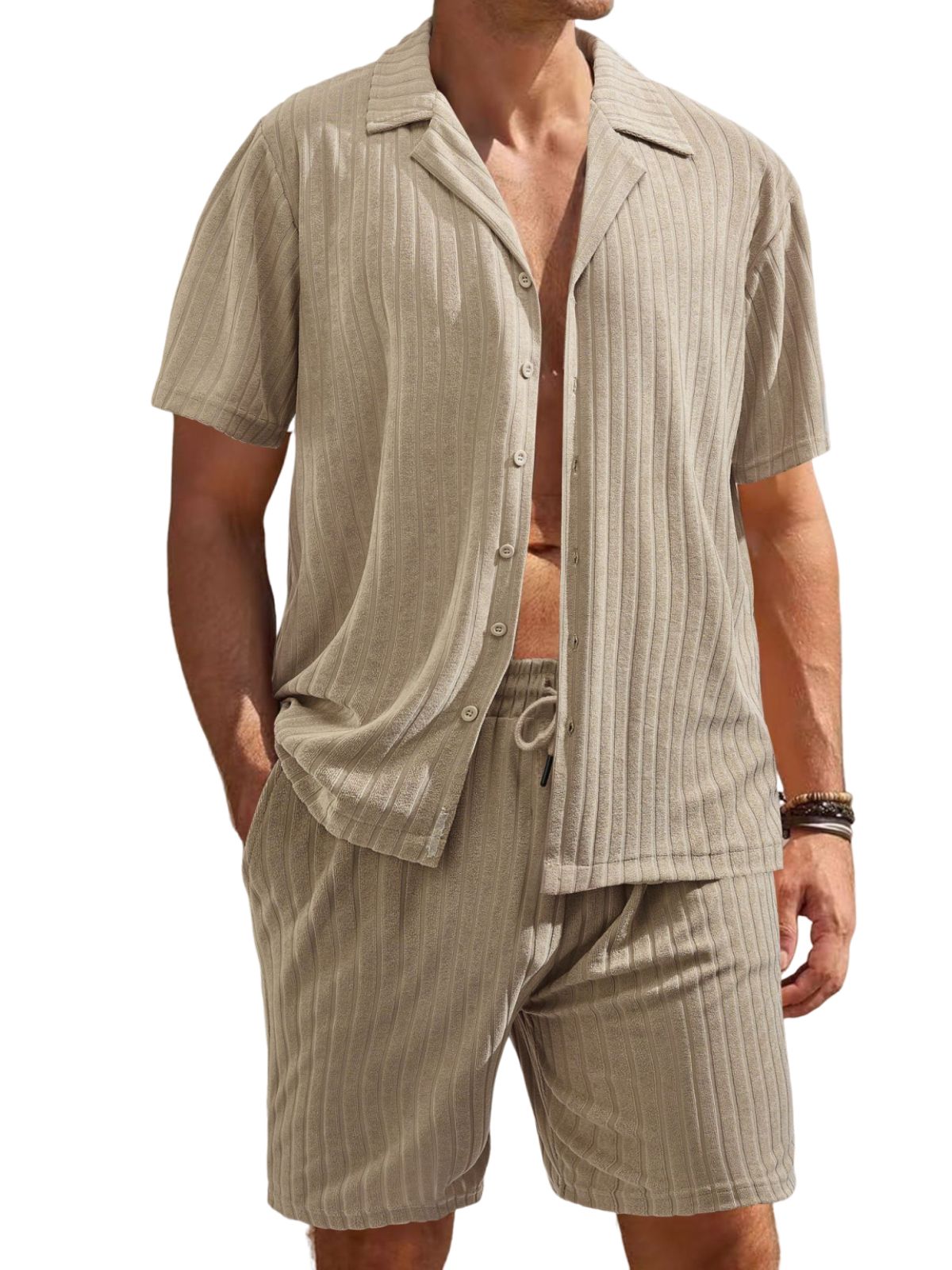 Men's Comfortable Towel Jacquard Casual Cardigan Short Sleeve Shorts Set