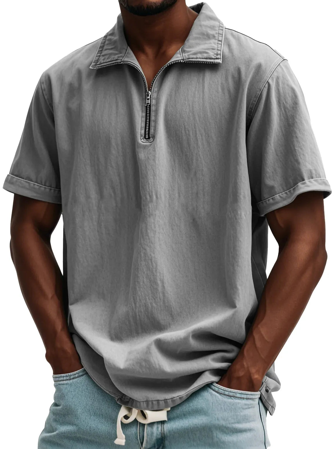 Men's Fashion Retro Zipper Stand Collar Short Sleeve Shirt