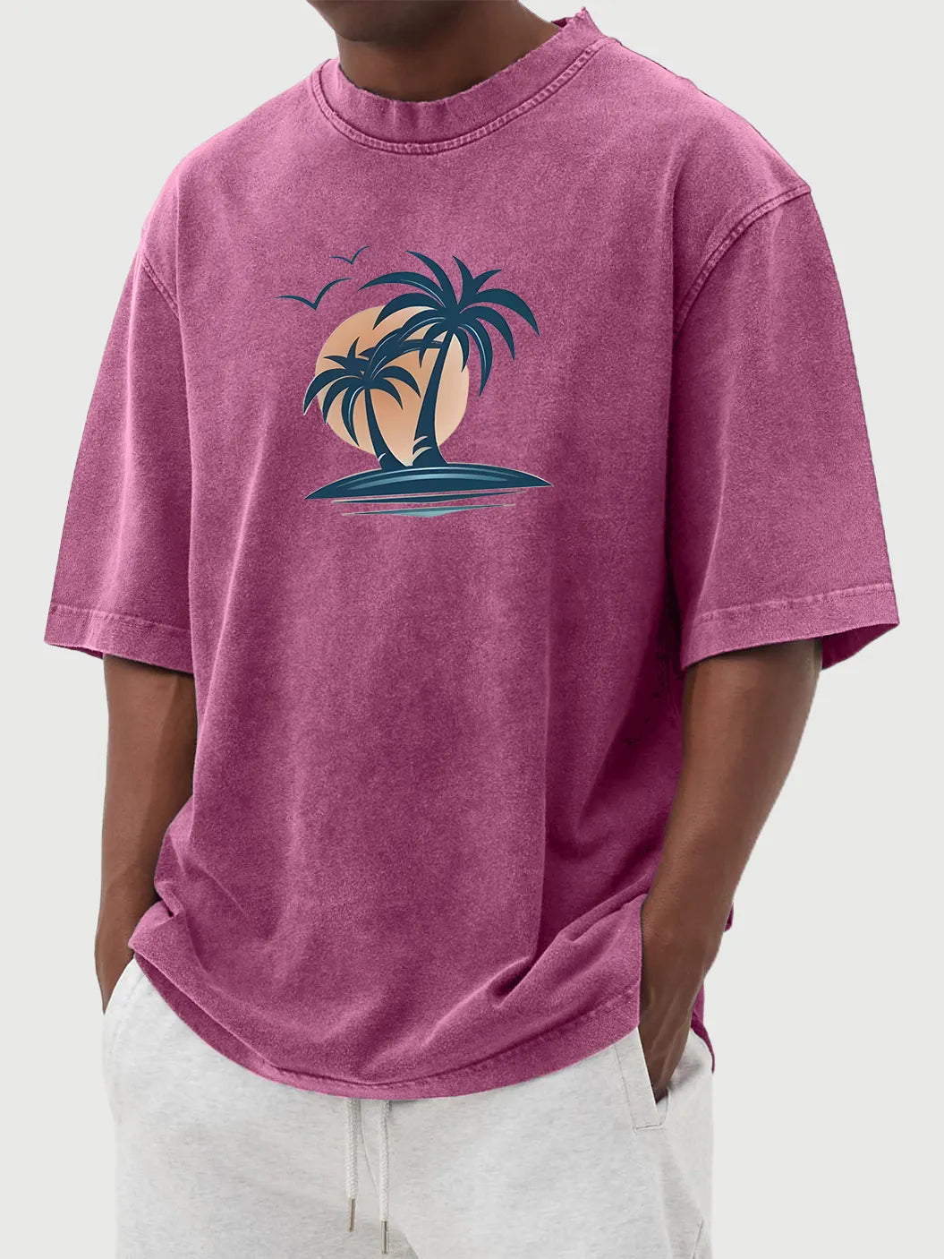 Men's Washed Distressed Cotton Palm Tree Casual Short-sleeved T-shirt