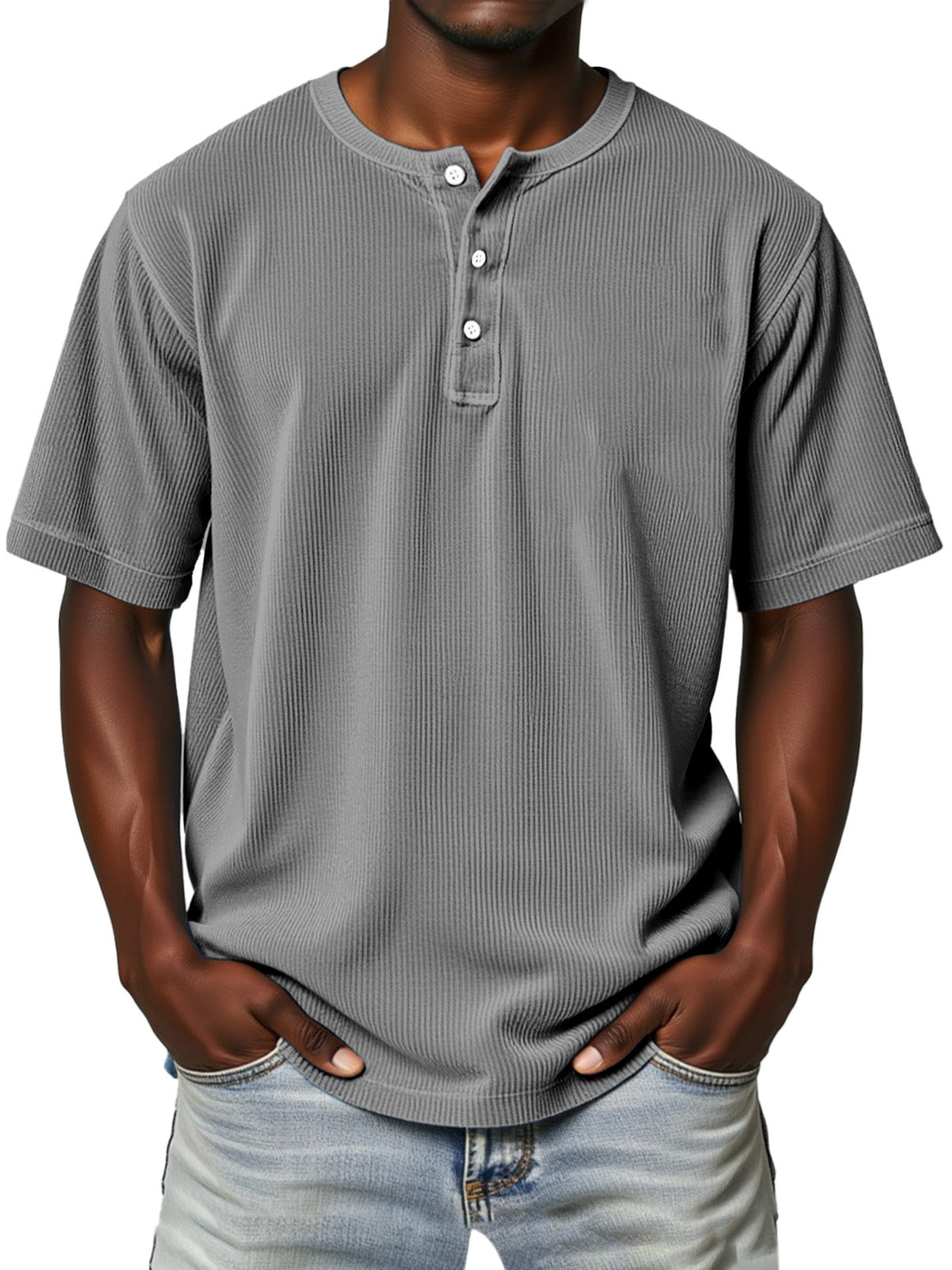 Men's Everyday Retro Vertical Stripe Solid Color Comfortable Short Sleeve Henley Shirt