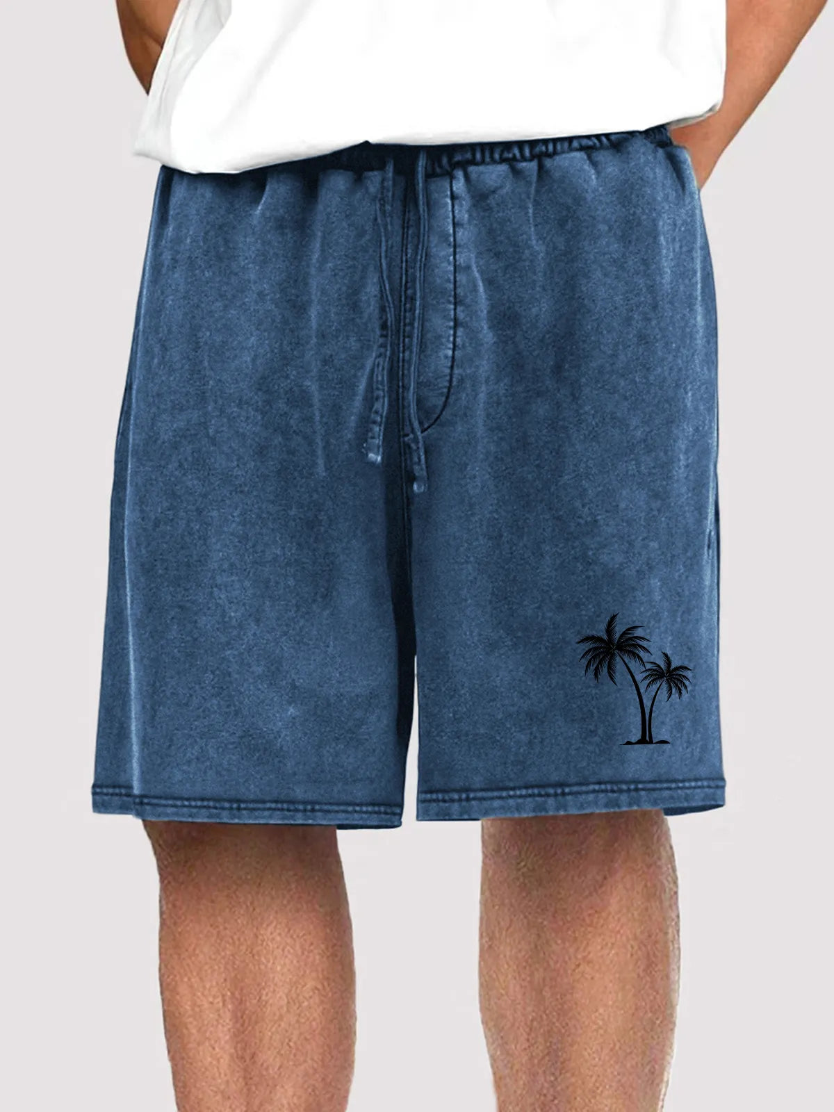 Men's Vintage Distressed Coconut Tree Print Holiday Casual Elastic Waist Shorts With Side Pockets