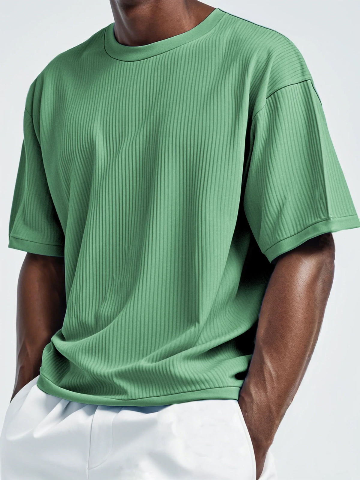 Men's Pleated Vertical Striped Fabric Casual Short Sleeve T-shirt