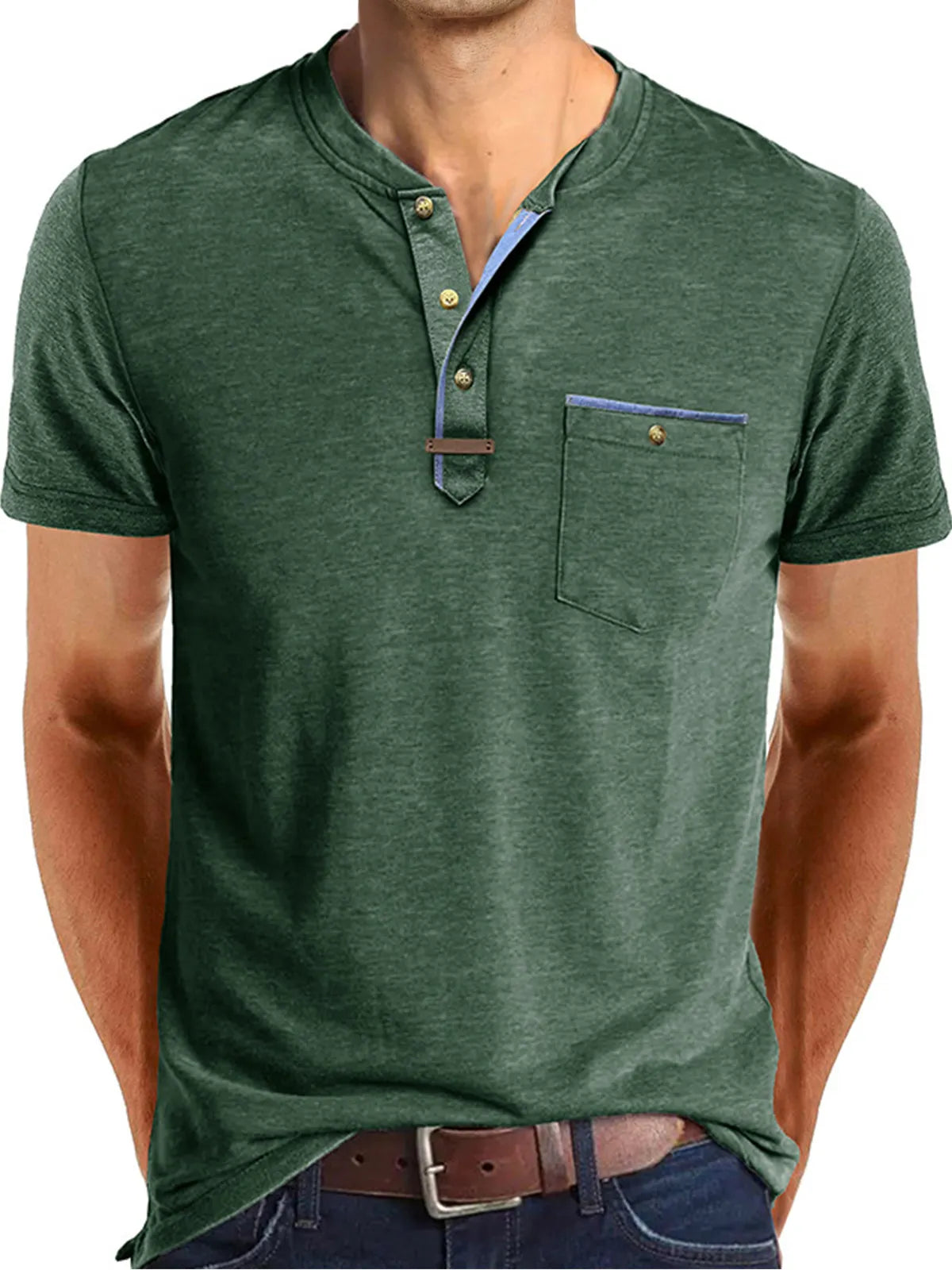 Men's Casual Button Solid Color Pocket Short Sleeve Henley Shirt