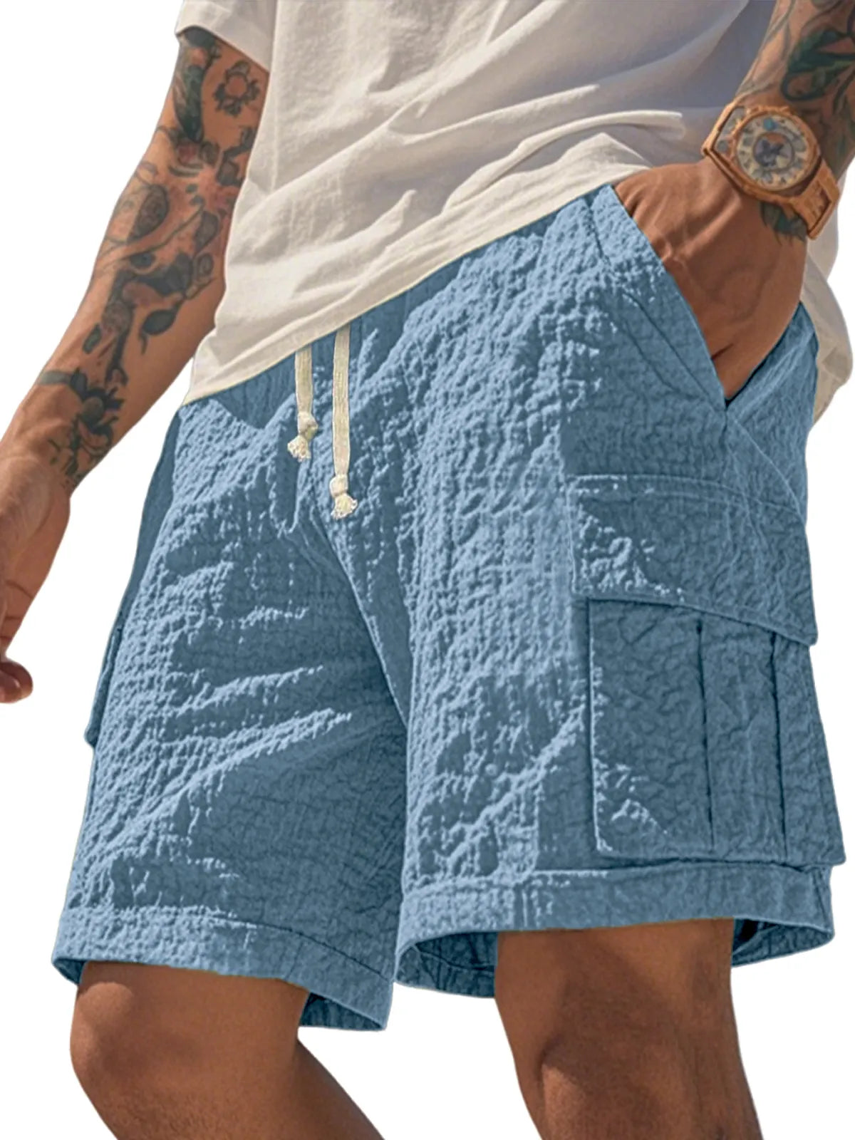 Men's Comfortable Seersucker Pleated Multi-Pocket Cargo Shorts Textured Casual Loose Casual Shorts