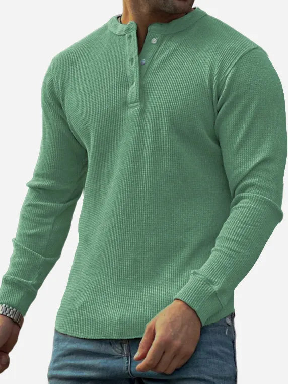 Men's Textured Waffle Trend Long Sleeve Lapel Henley