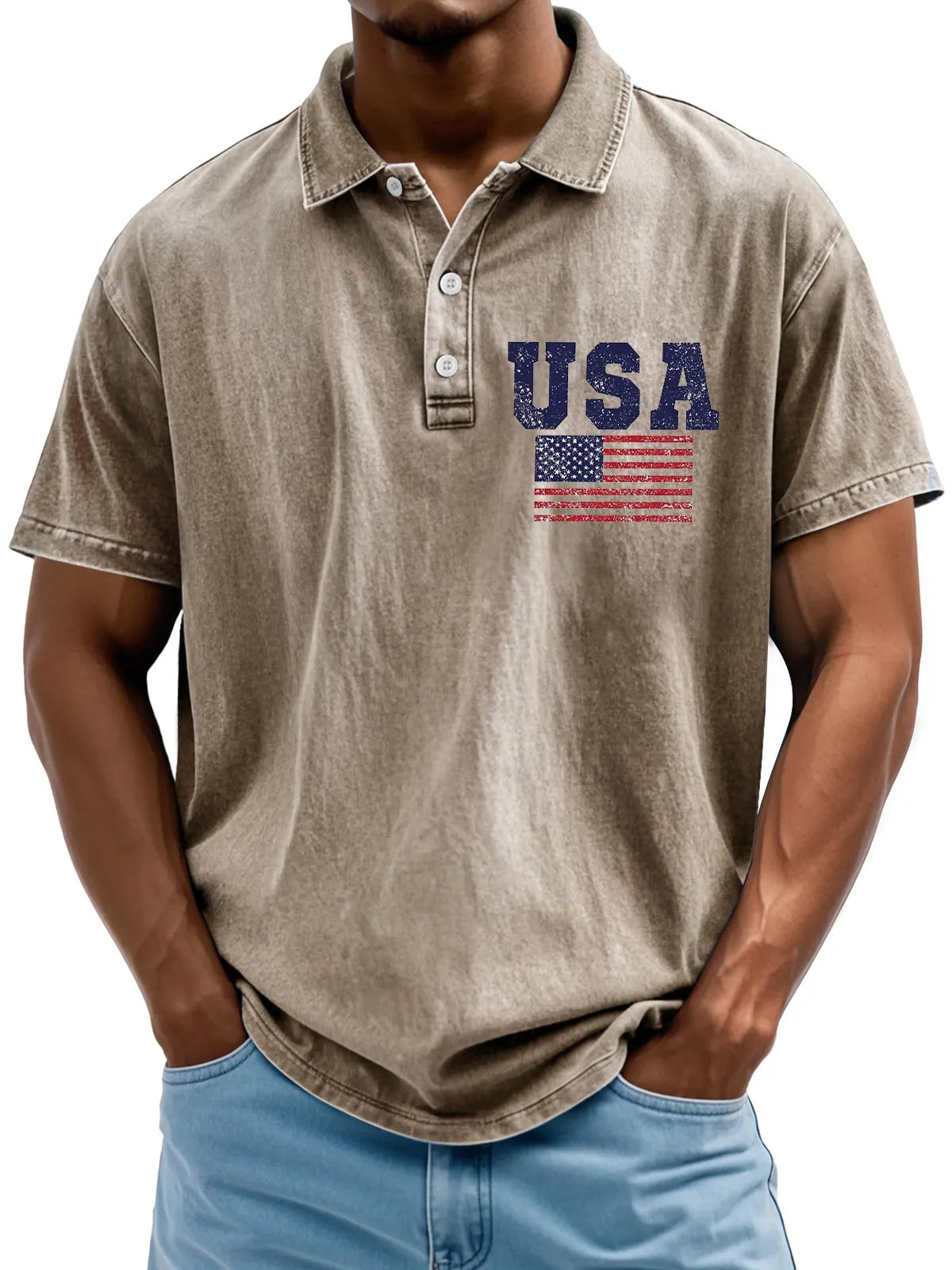 Men's Vintage American Independence Day Flag Print Lapel Short Sleeve Polo Shirt