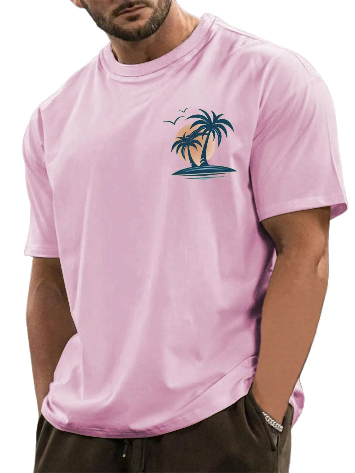 Men's Cotton Basic Casual Palm Tree Print Comfortable Short-sleeved T-shirt
