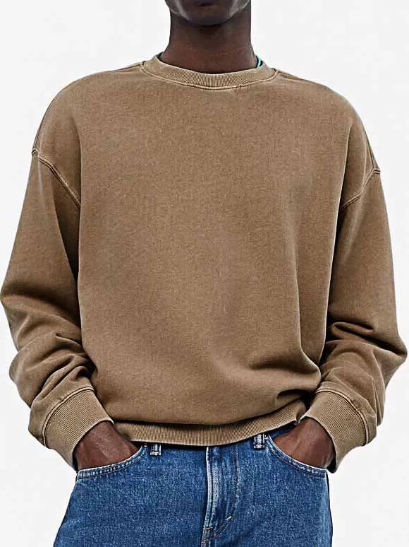 Men's Fashionable Casual Distressed Washed Long-sleeved Crew Neck Sweatshirt