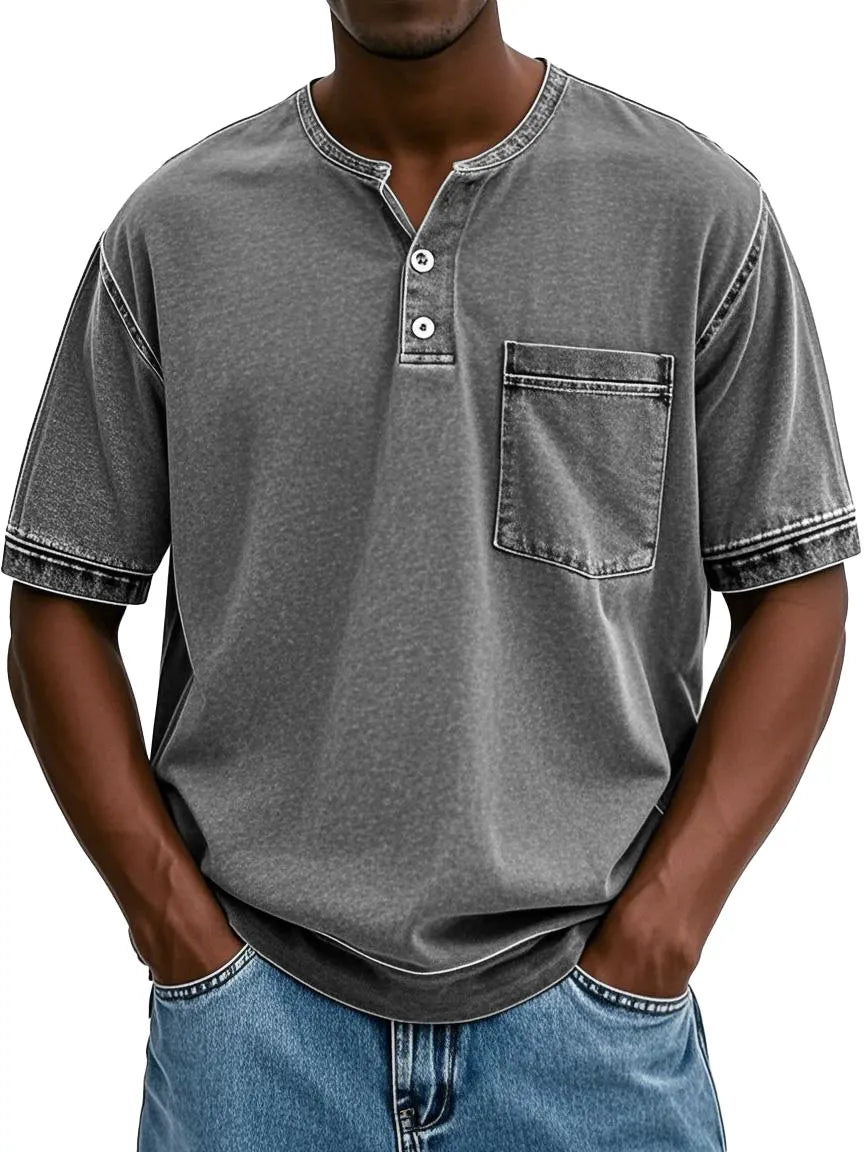 Men's Fashion Vintage Washed Pocket Short Sleeve Henley Shirt