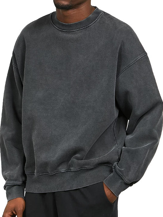 Men's Washed Distressed Cotton Basic Round Neck Long-sleeved Sweatshirt