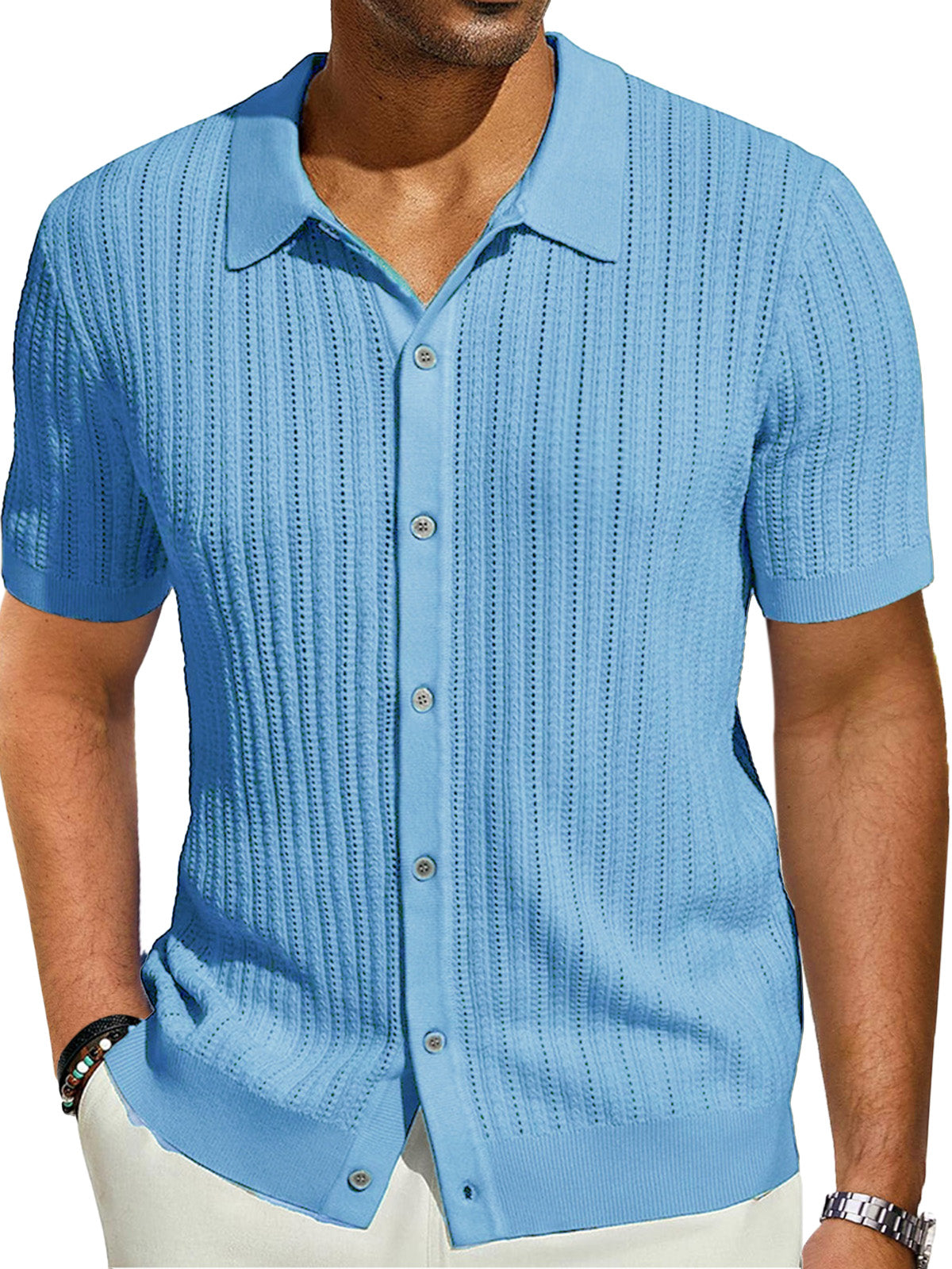 Men's Casual Solid Color Cool Knitted Short-sleeved Shirt