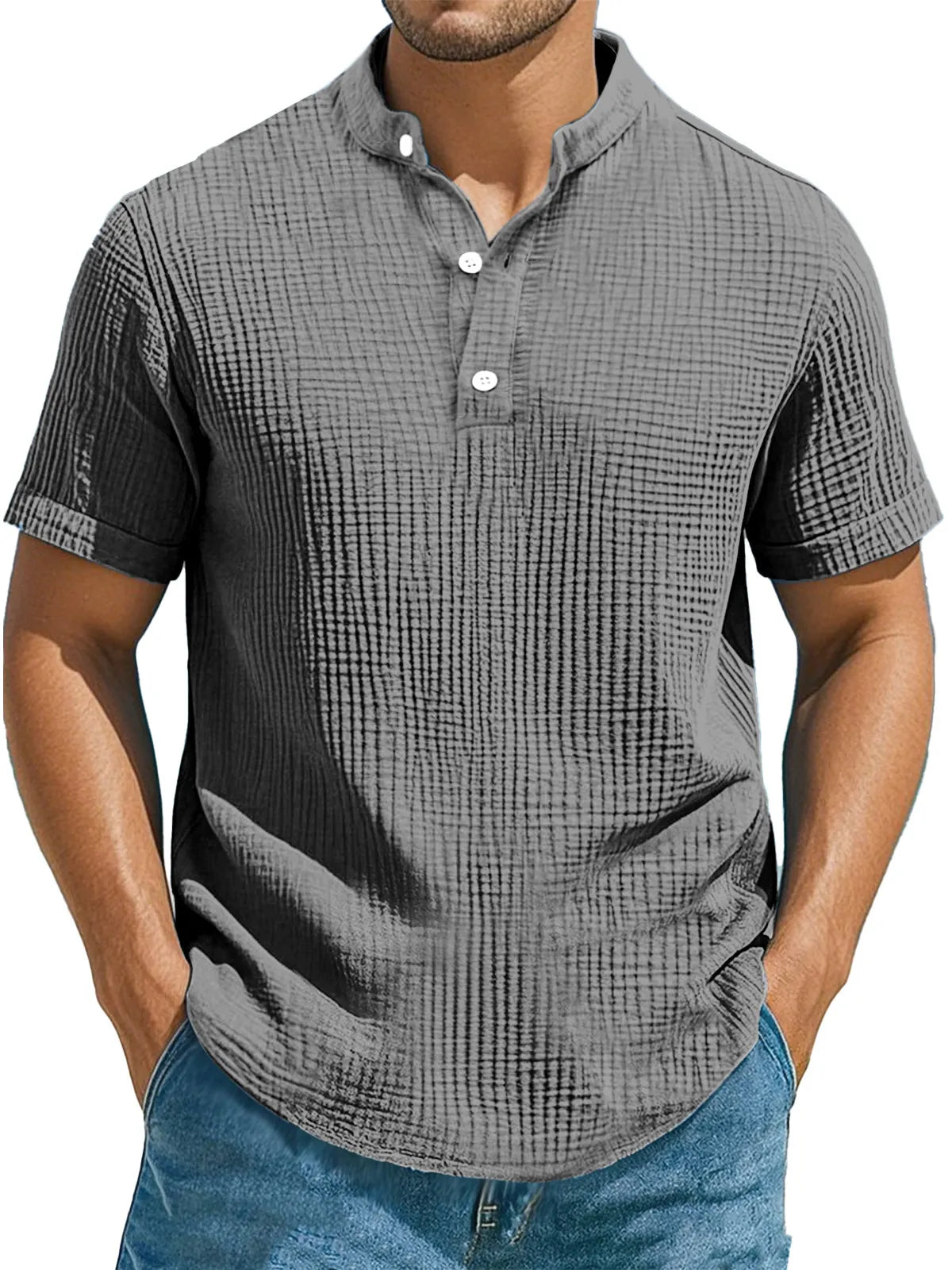 Men's Casual Solid Color Pleated Texture Short-sleeved Stand Collar Henley Shirt