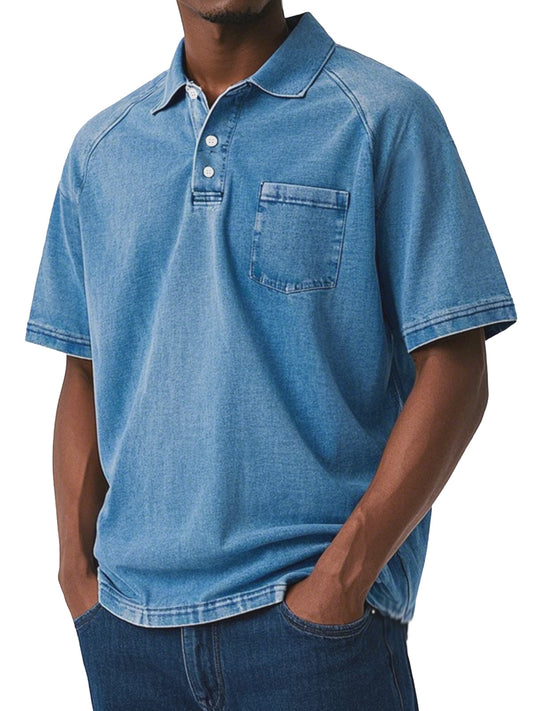 Men's Casual Retro Solid Color Comfortable Raglan Sleeve Lapel Polo Shirt