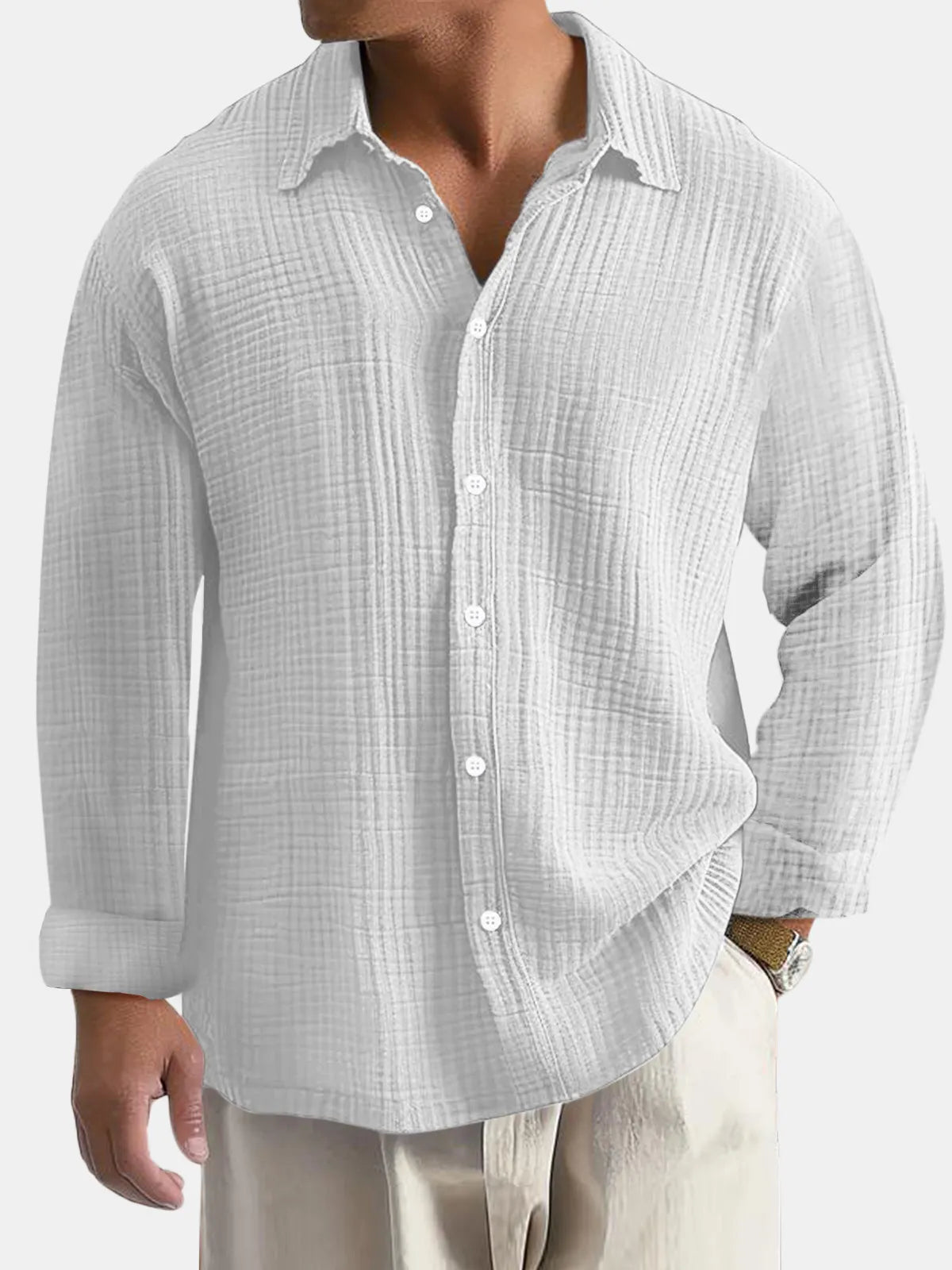 Men's Everyday Solid Color Pleated Textured Comfort Long Sleeve Shirt