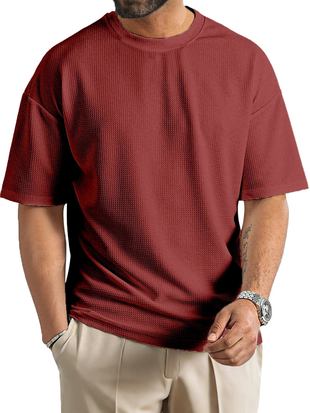 Men's Daily Solid Color Waffle Texture Round Neck Short-sleeved T-shirt