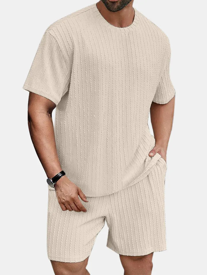 Men's solid color round neck pullover vertical pattern T-shirt shorts two-piece set