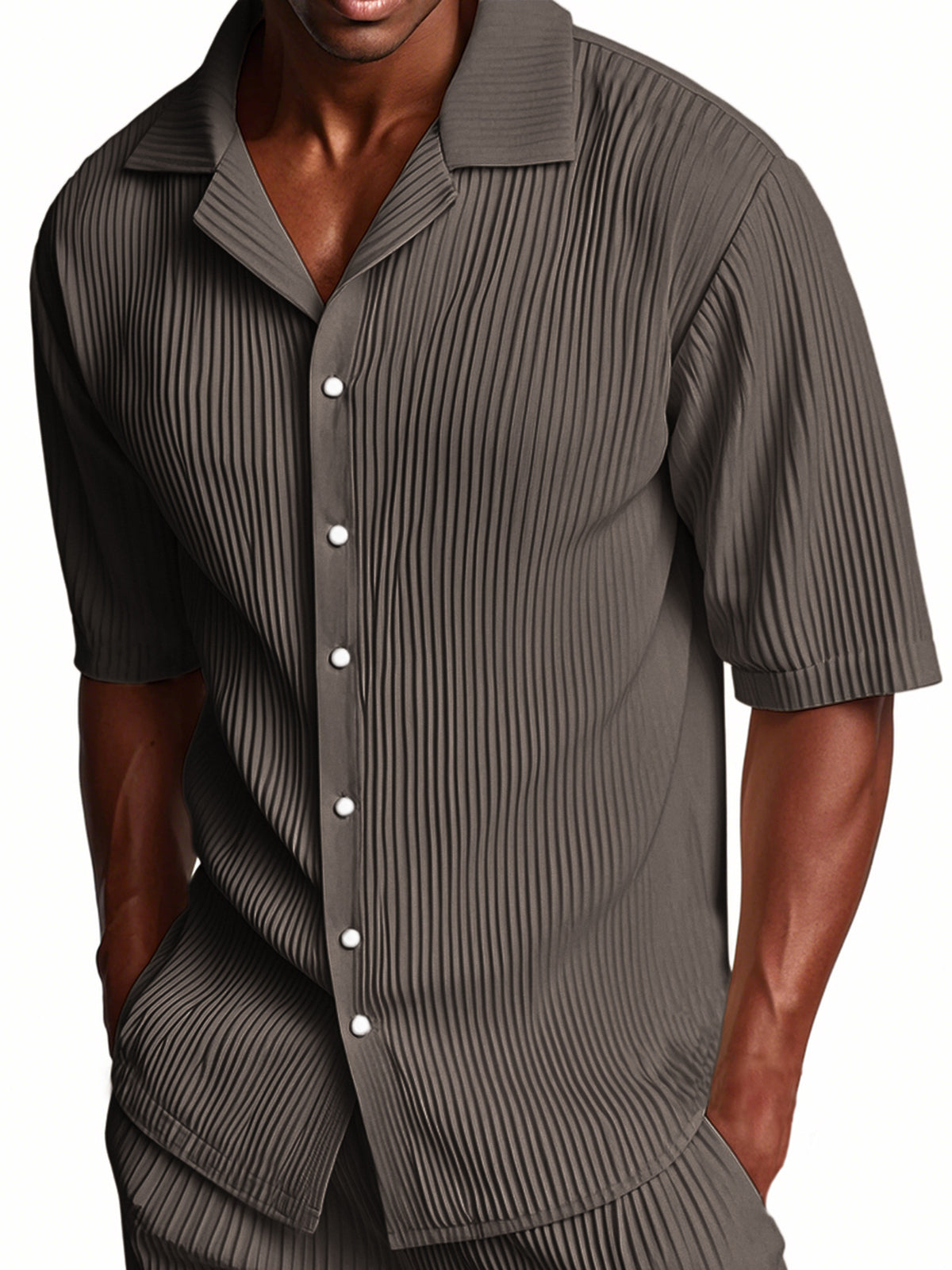 Men's Pleated Cuban Collar Casual Ribbed Fabric Short Sleeve Lapel Shirt