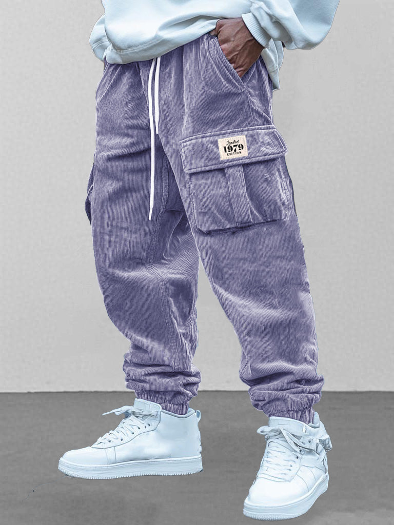 Men's Fashion Retro Workwear Pocket Elastic Drawstring Trousers