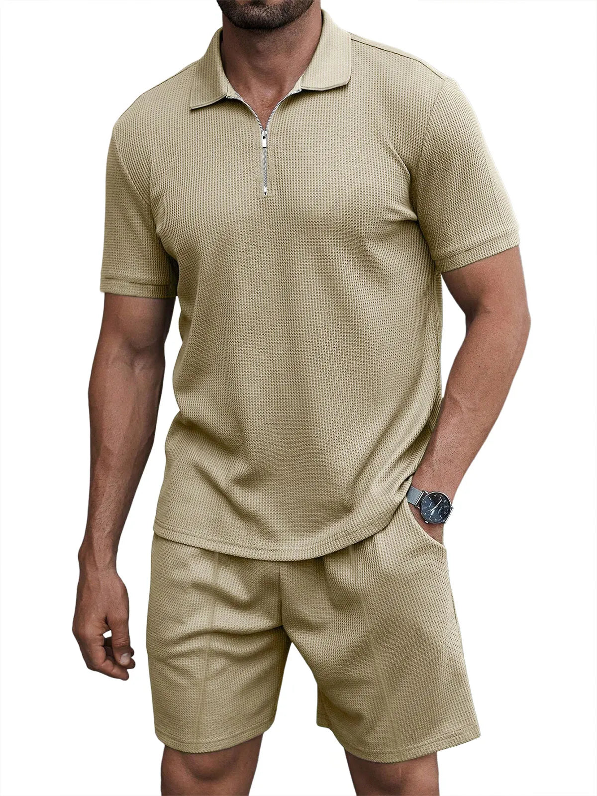 Men's Casual Waffle Zipper Short Sleeve Polo Suit