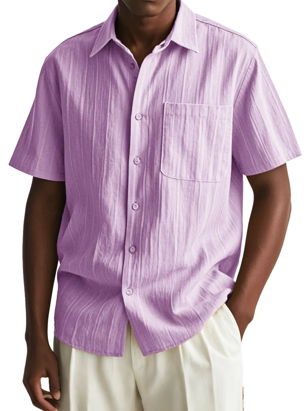 Men's Fashion Casual Pleated Fabric Short Sleeve Pocket Shirt