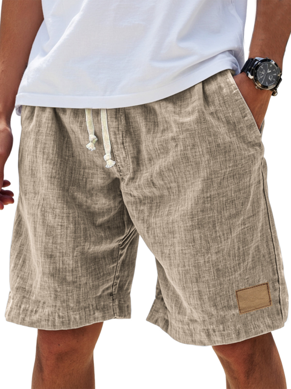 Men's Breathable Linen Embroidered Logo Loose Holiday Shorts