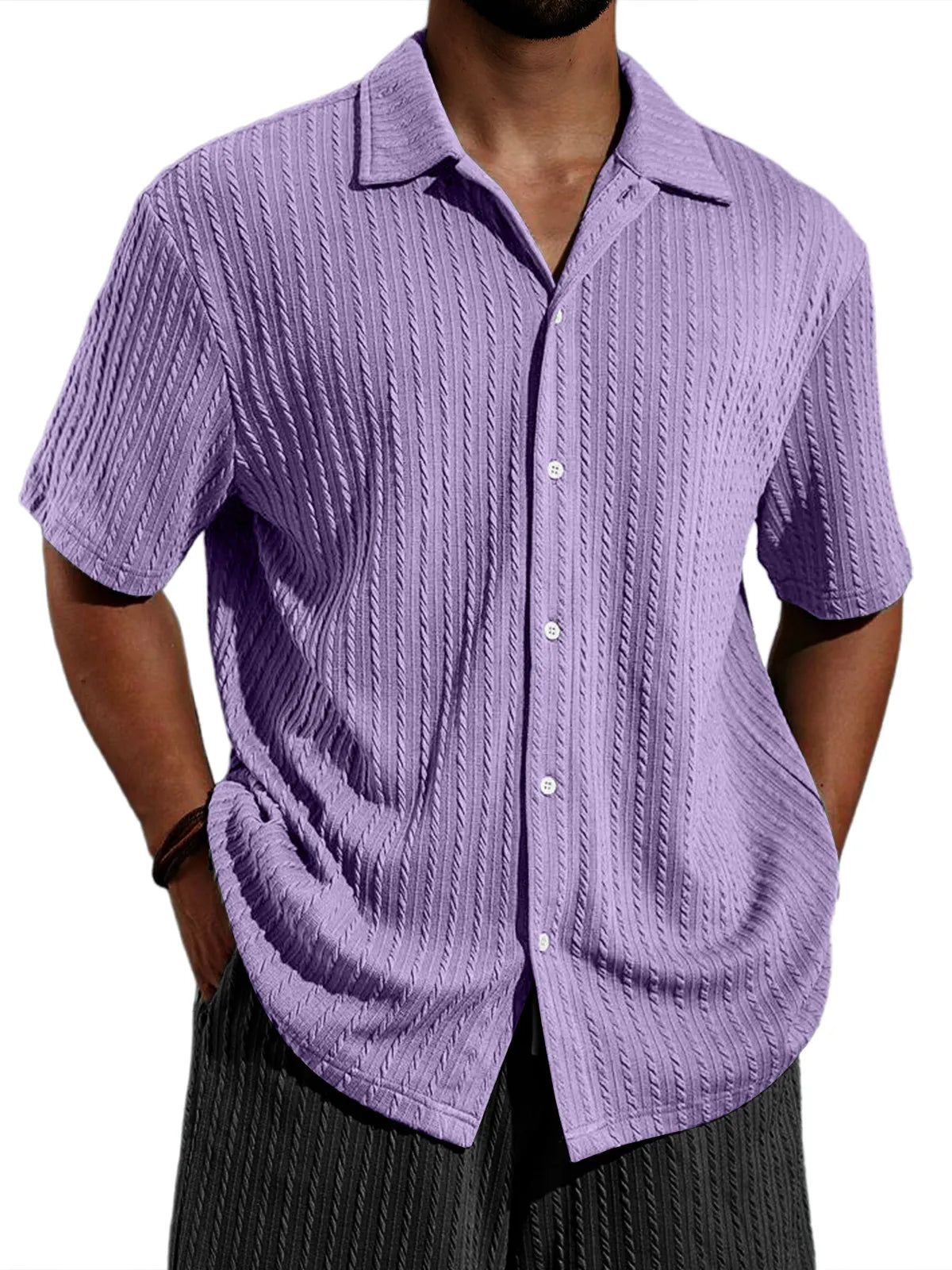 Men's Casual Lapel Jacquard Solid Color Short-sleeved Shirt