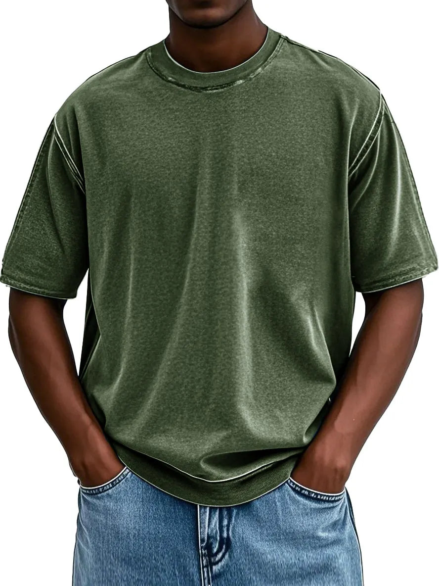 Men's Fashion Washed Retro Round Neck Short-sleeved T-shirt