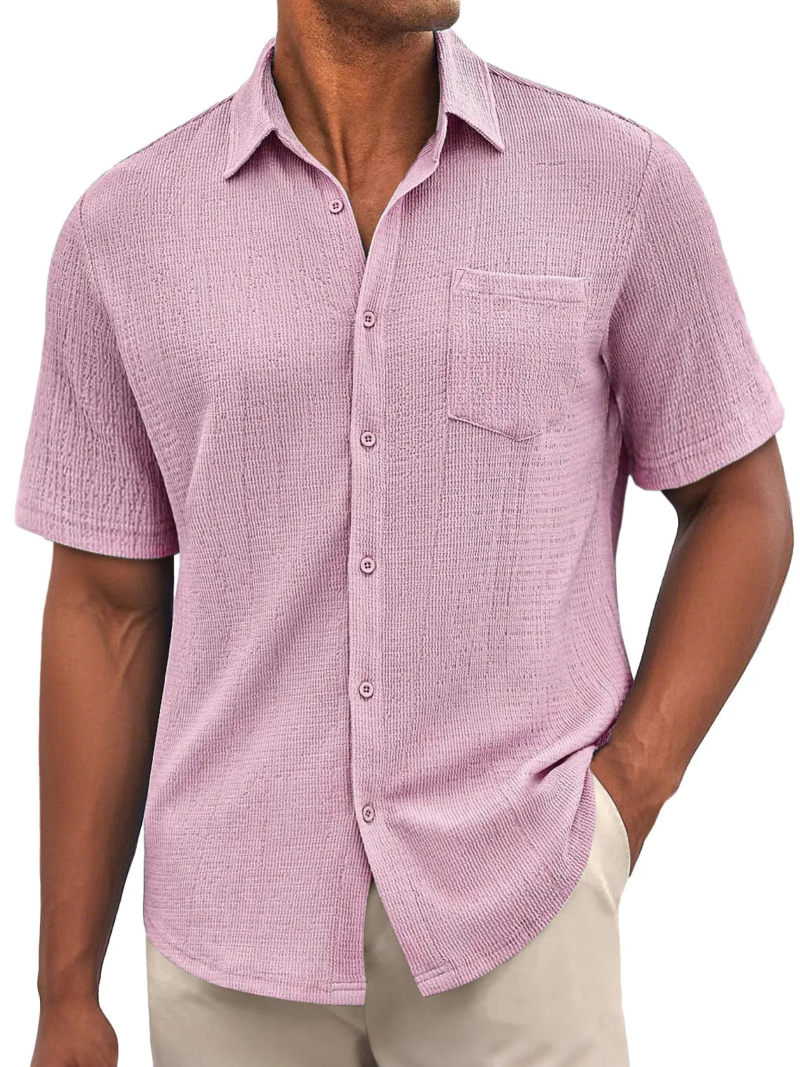 Men's Daily Bubble Wrinkle Casual Pocket Solid Color Short Sleeve Shirt