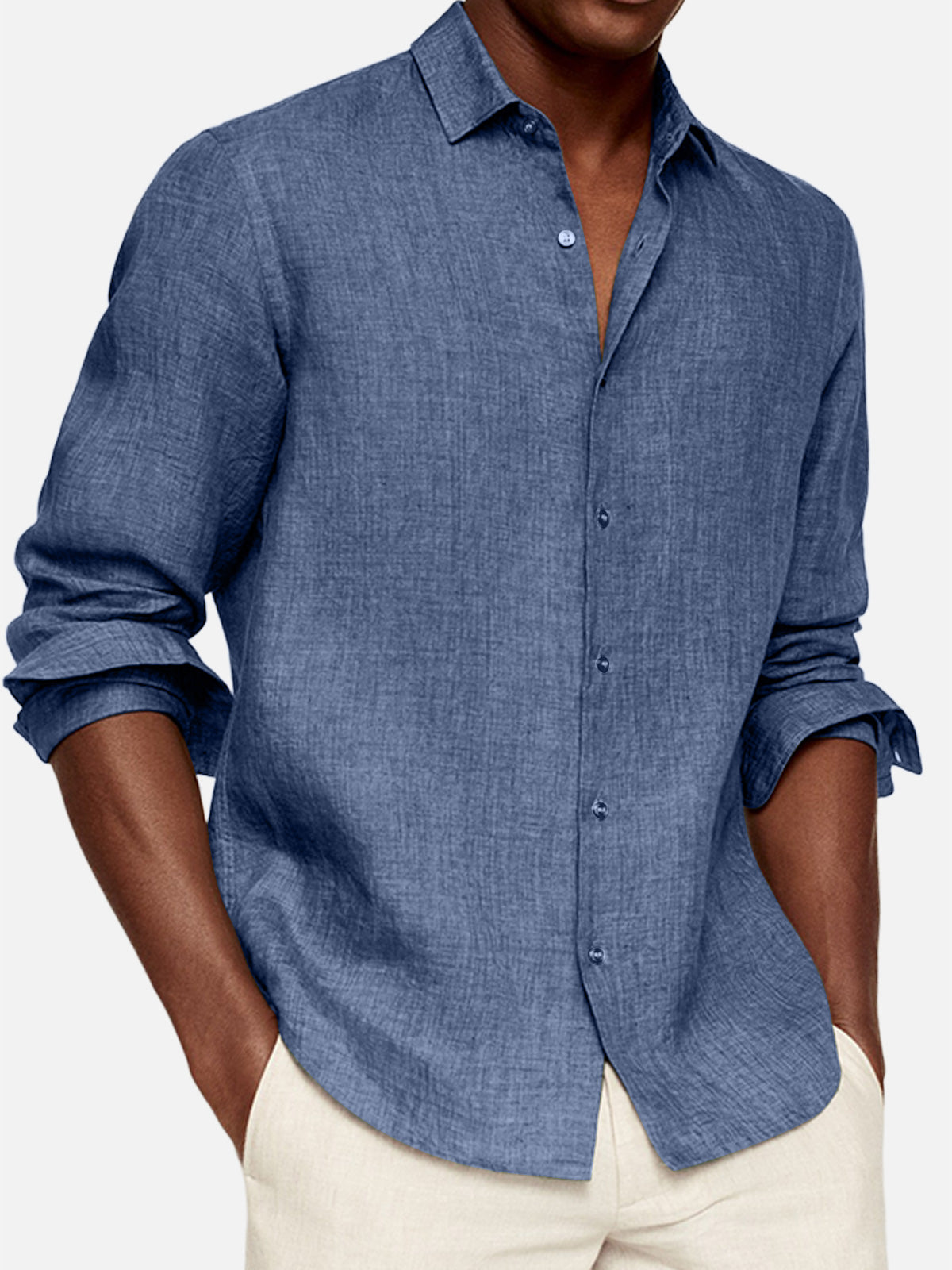 Men's Casual Cotton And Linen Solid Color Lapel Comfortable Long-sleeved Shirt