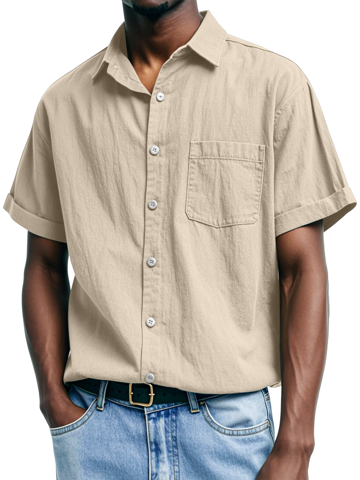 Men's Casual And Comfortable Solid Color Lapel Short-sleeved Shirt