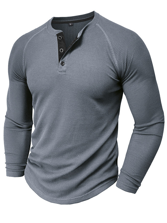 Men's Waffle Henley Collar Textured Long-sleeved Top